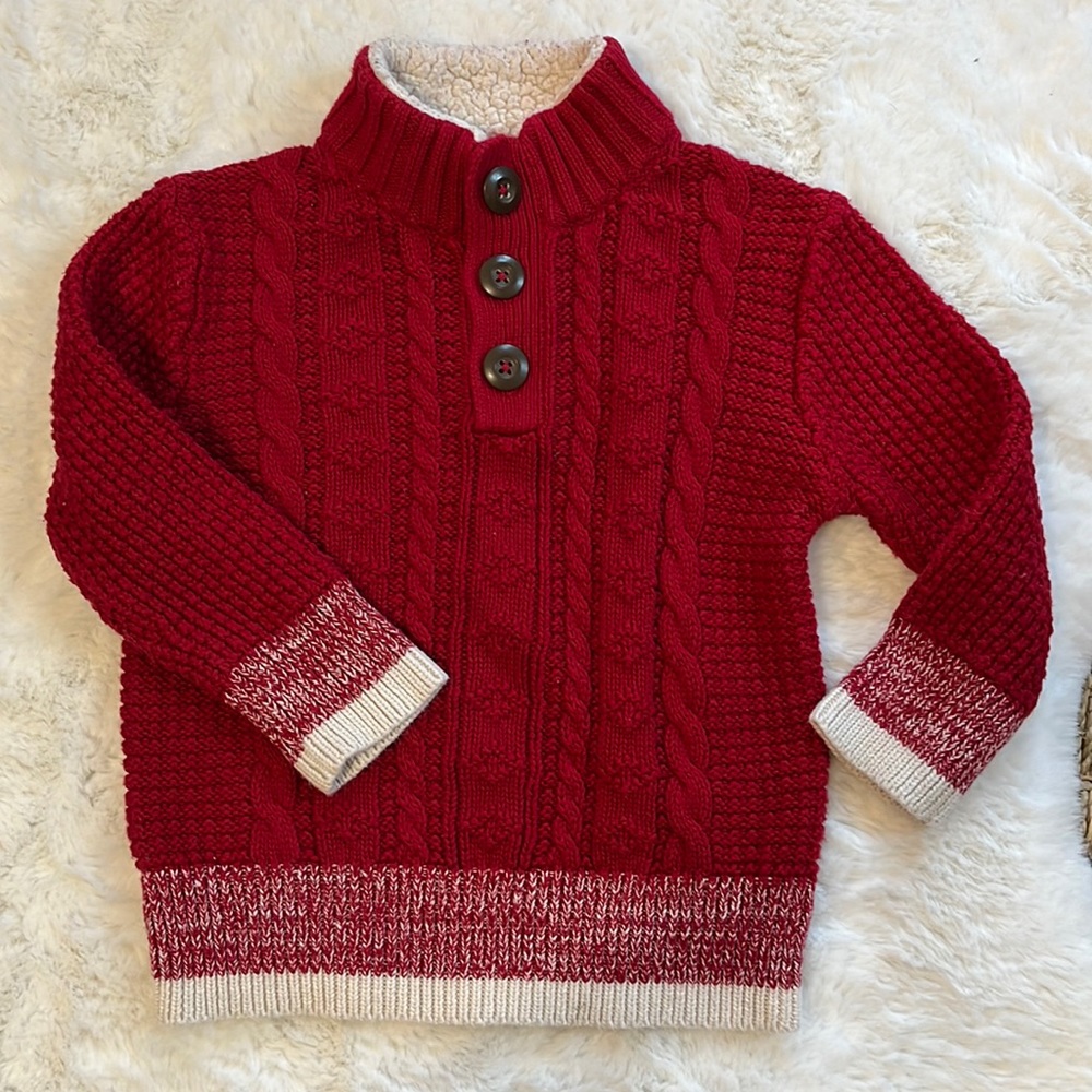 Cherokee 2T Red Button Up Boys Sweater with Shearling Neck Lining 100% cotton